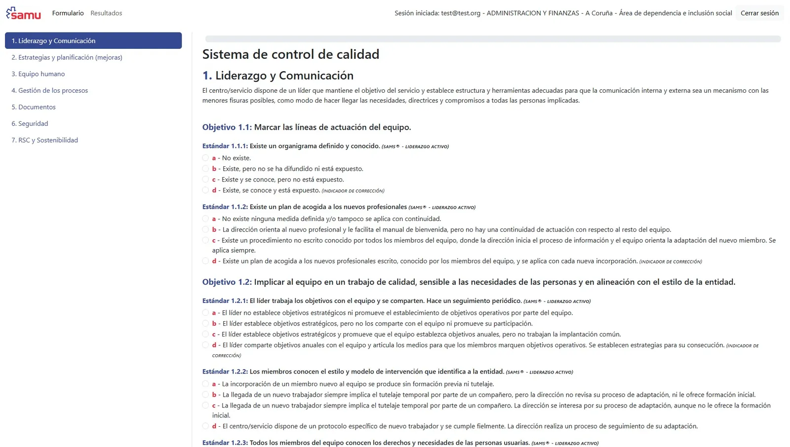 Formulario web de auditoría del sistema de calidad SAMS