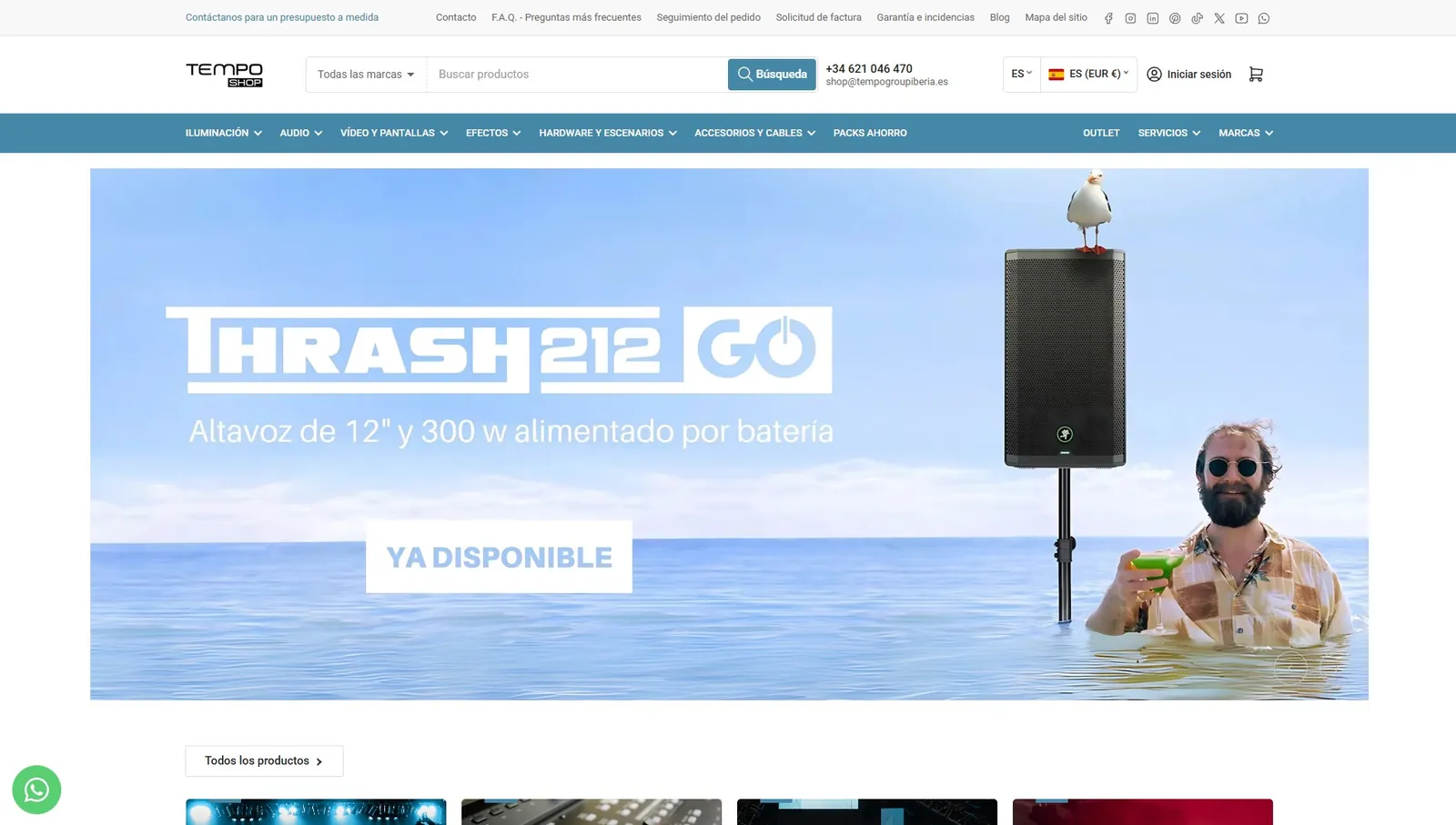 Portada de la tienda online Tempo Shop con categorías de sonido e iluminación
